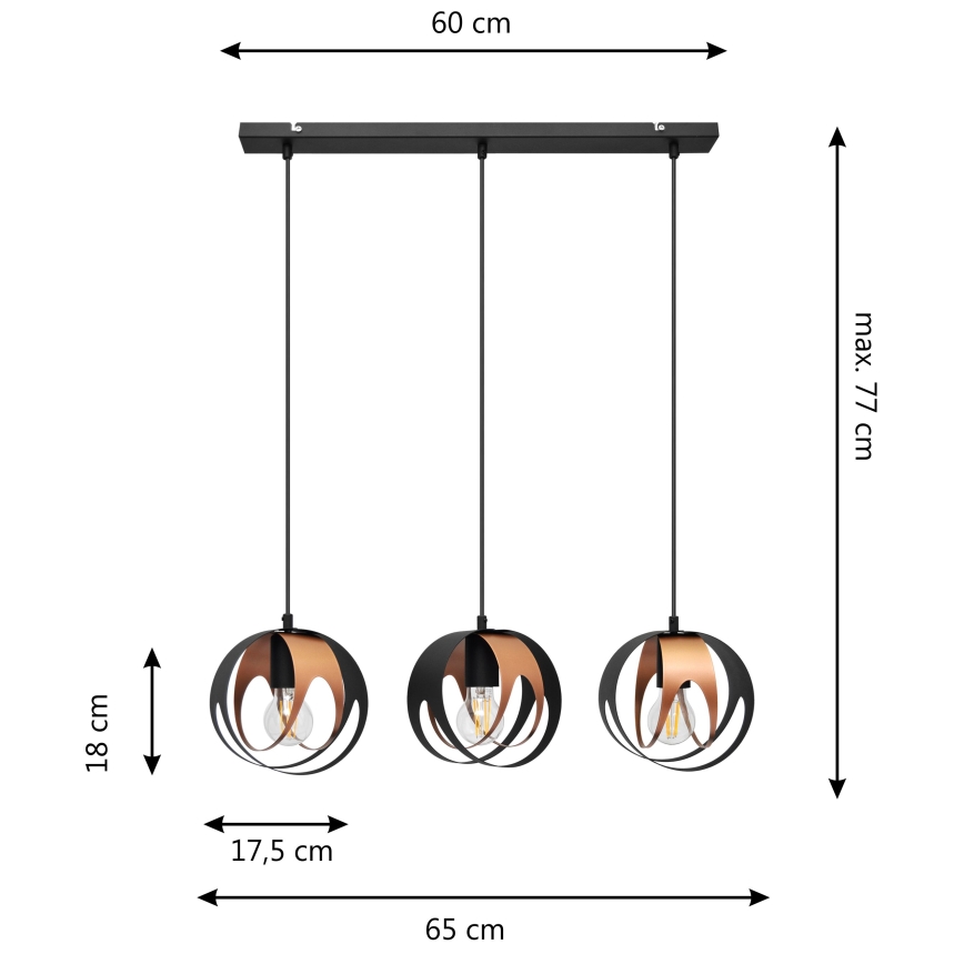 Lustr na lanku MOONLIGHT 3xE27/15W/230V černá/měděná