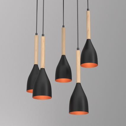 Lustr na lanku MUZA 5xE27/15W/230V černá/béžová/měděná/buk