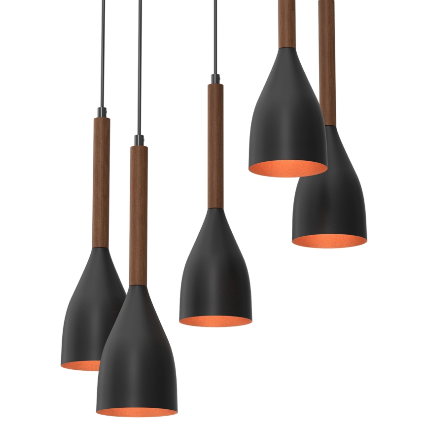 Lustr na lanku MUZA 5xE27/15W/230V černá/hnědá/měděná/buk