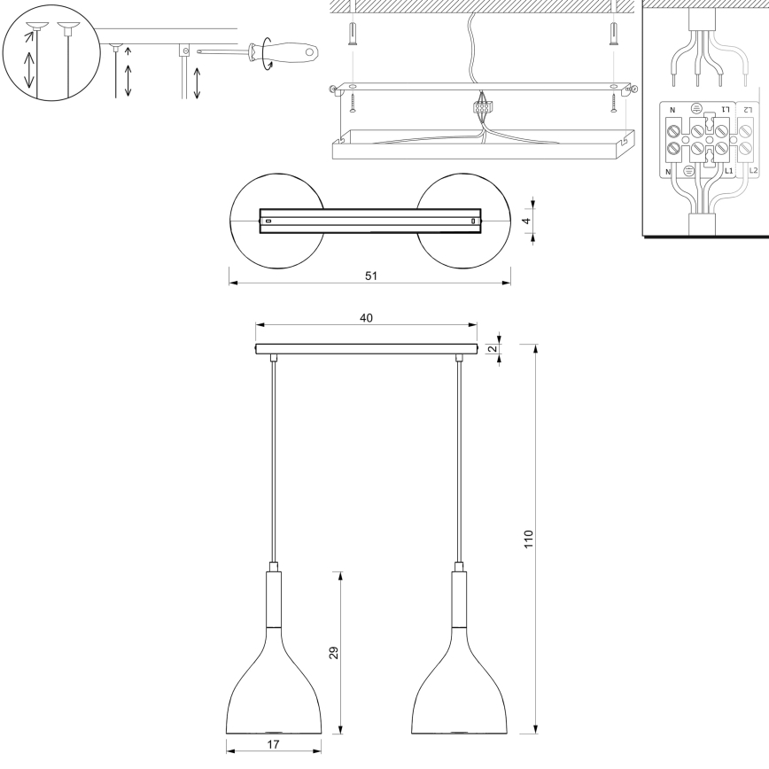 Lustr na lanku NOAK WOOD 2xE27/15W/230V černá/buk