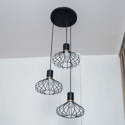 Lustr na lanku SOLANO 3xE27/15W/230V černá/zlatá