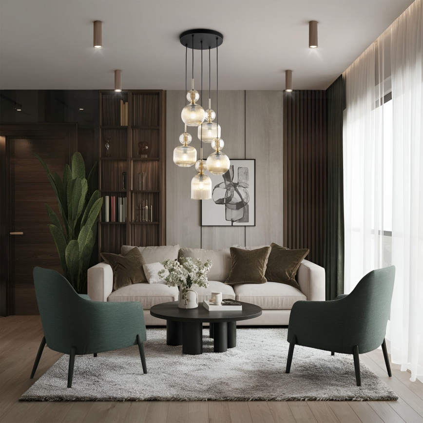 Lustr na lanku SOPHIA 5xE14/10W/230V černá/kouřová béžová