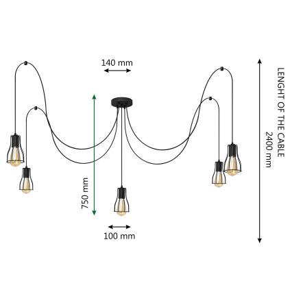 Lustr na lanku TUBE LONG 5xE27/10W/230V černá