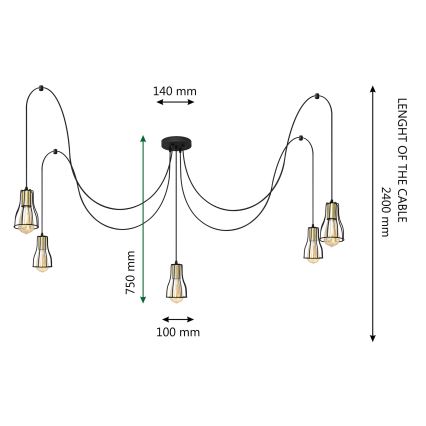 Lustr na lanku TUBE LONG 5xE27/15W/230V černá/zlatá