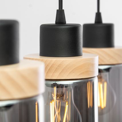 Lustr na lanku WOODNEST 3xE27/15W/230V borovice/kouřová černá