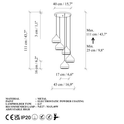 Lustr na lanku YILDO 5xE27/40W/230V bílá/zlatá