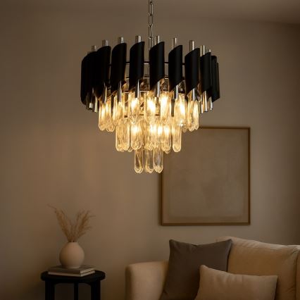 Lustr na řetězu CRISTAL 5xE14/10W/230V pr. 38 cm černá/matný chrom