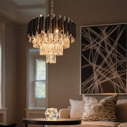 Lustr na řetězu CRISTAL 5xE14/10W/230V pr. 38 cm černá/matný chrom