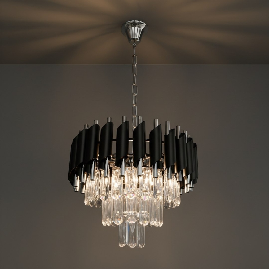 Lustr na řetězu CRISTAL 5xE14/10W/230V pr. 38 cm černá/matný chrom