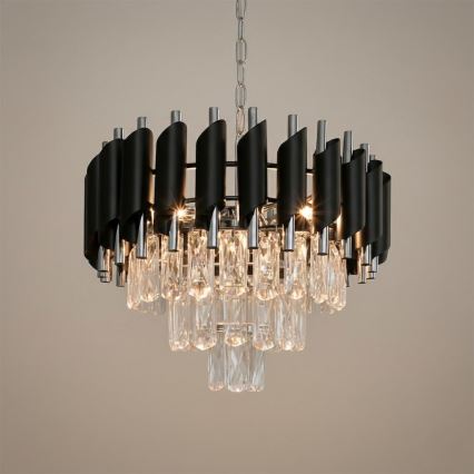 Lustr na řetězu CRISTAL 5xE14/10W/230V pr. 38 cm černá/matný chrom