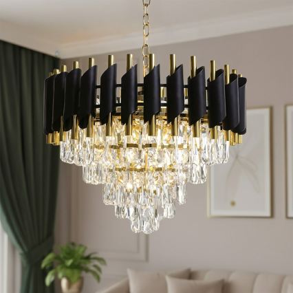 Lustr na řetězu CRISTAL 7xE14/10W/230V pr. 48 cm černá/zlatá