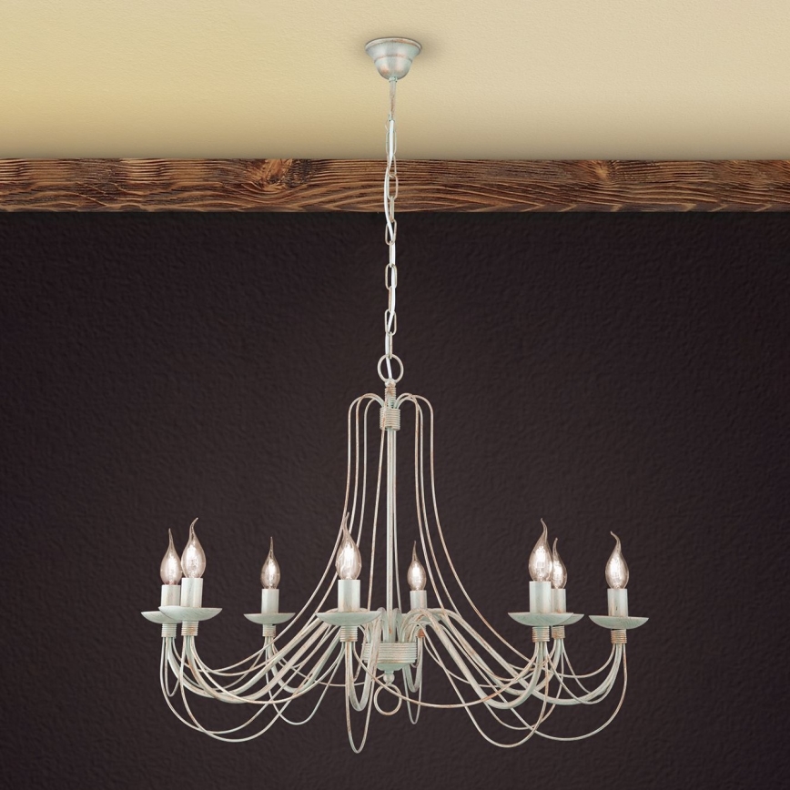 Lustr na řetězu VELA 8xE14/40W/230V pr. 80 cm bílá/zlatá/patina
