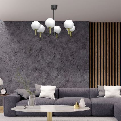 Lustr na tyči AWINION 6xE27/15W/230V bílá/zlatá/černá