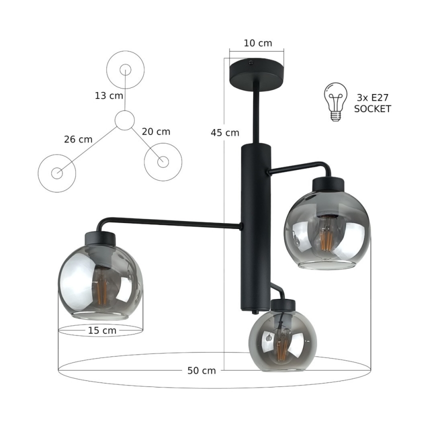 Lustr na tyči FLEX 3xE27/60W/230V černá/kouřová černá