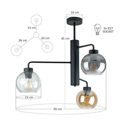 Lustr na tyči FLEX 3xE27/60W/230V černá/kouřová černá/kouřová béžová/čirá