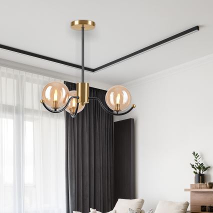 Lustr na tyči GEORGIA 3xE14/5W/230V zlatá/kouřová béžová