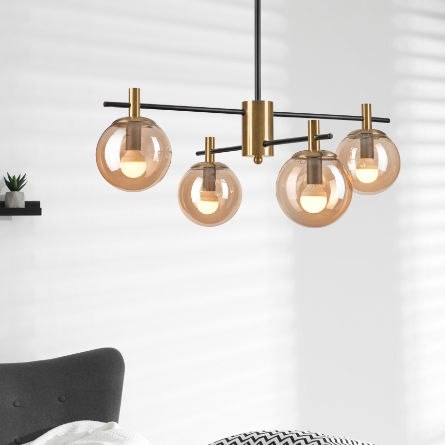 Lustr na tyči LILOU 4xE14/5W/230V zlatá/černá/kouřová béžová