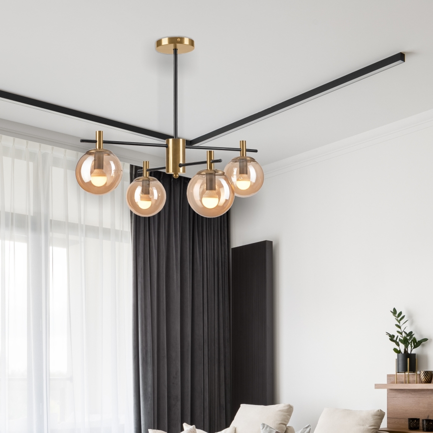 Lustr na tyči LILOU 4xE14/5W/230V zlatá/černá/kouřová béžová