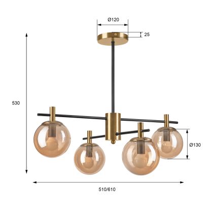 Lustr na tyči LILOU 4xE14/5W/230V zlatá/černá/kouřová béžová