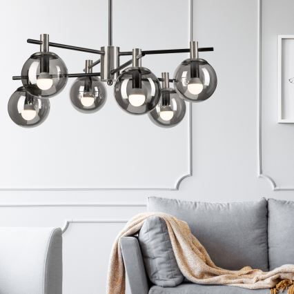 Lustr na tyči LILOU 6xE14/5W/230V matný chrom/kouřová