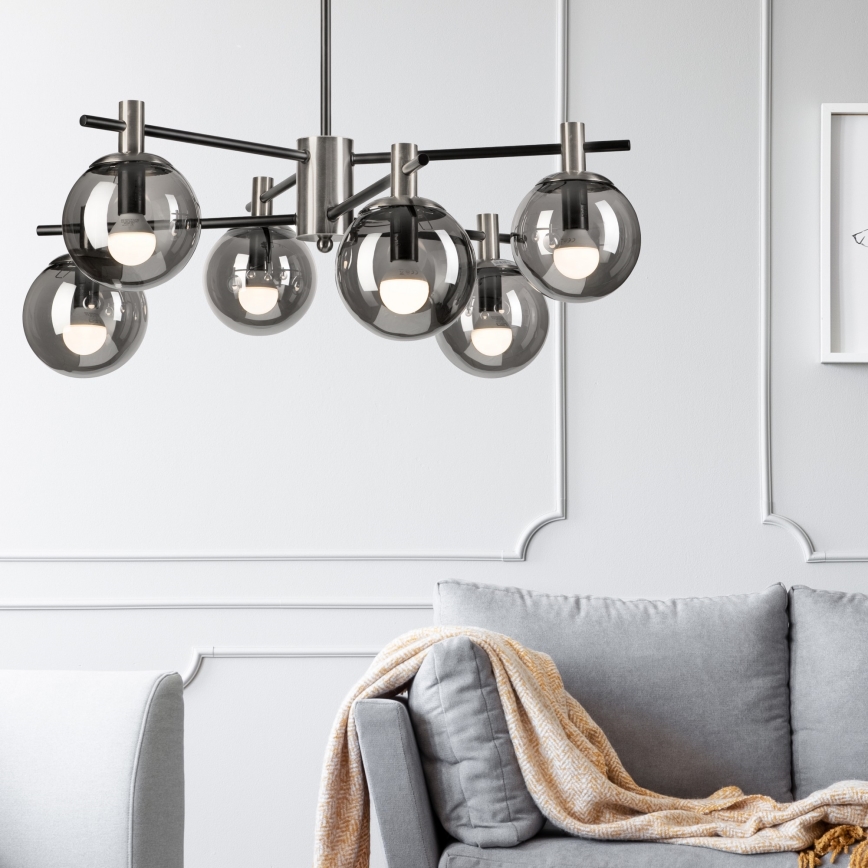Lustr na tyči LILOU 6xE14/5W/230V matný chrom/kouřová