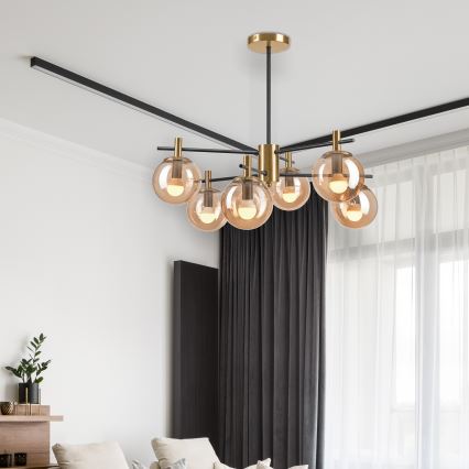 Lustr na tyči LILOU 6xE14/5W/230V zlatá/černá/kouřová béžová