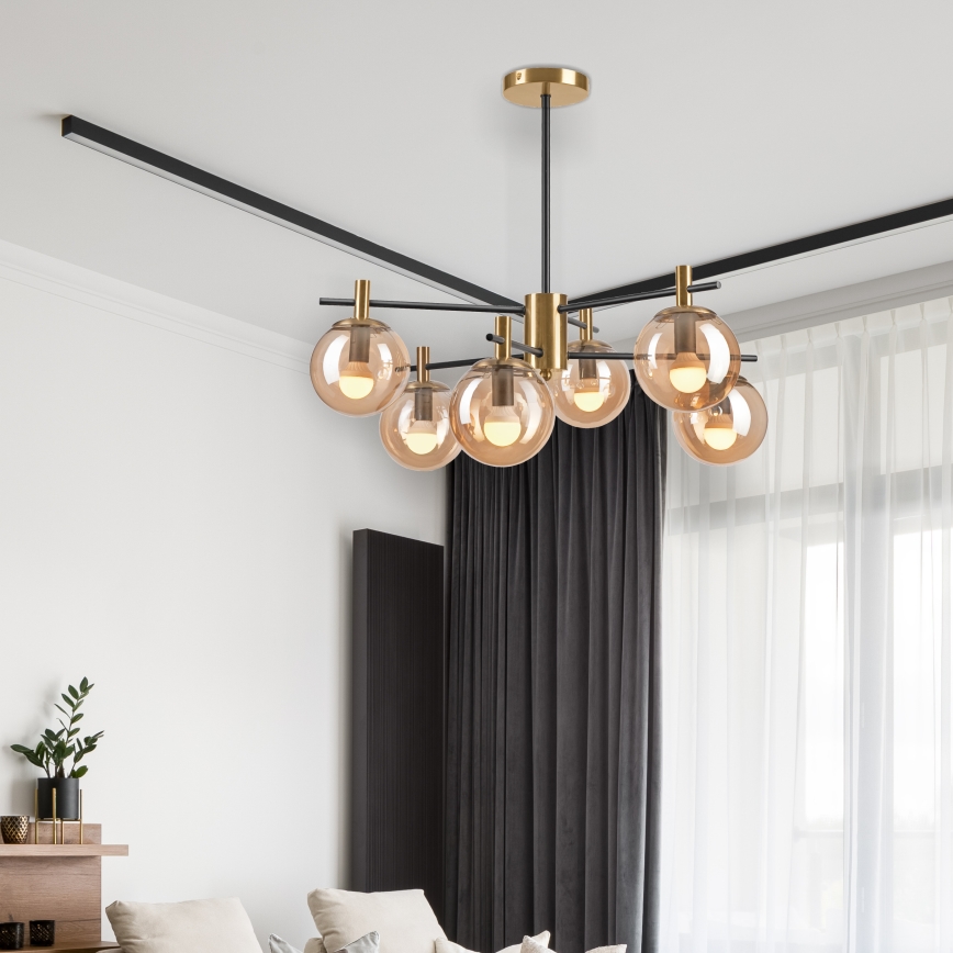 Lustr na tyči LILOU 6xE14/5W/230V zlatá/černá/kouřová béžová