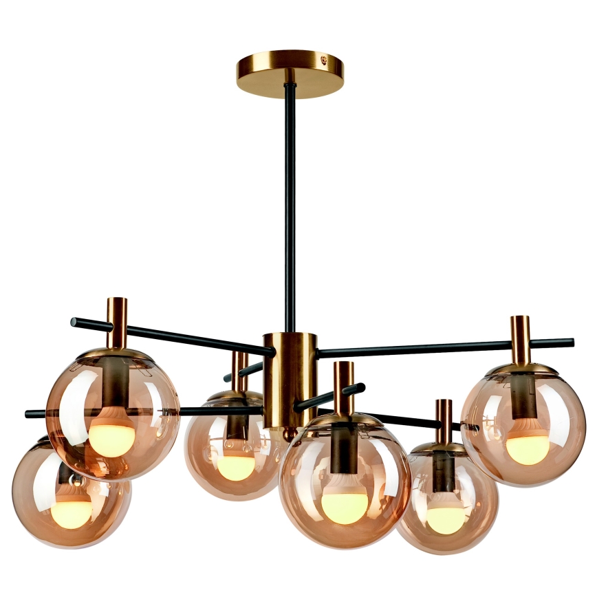 Lustr na tyči LILOU 6xE14/5W/230V zlatá/černá/kouřová béžová