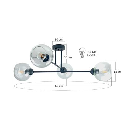 Lustr na tyči VASCO 4xE27/60W/230V černá/čirá