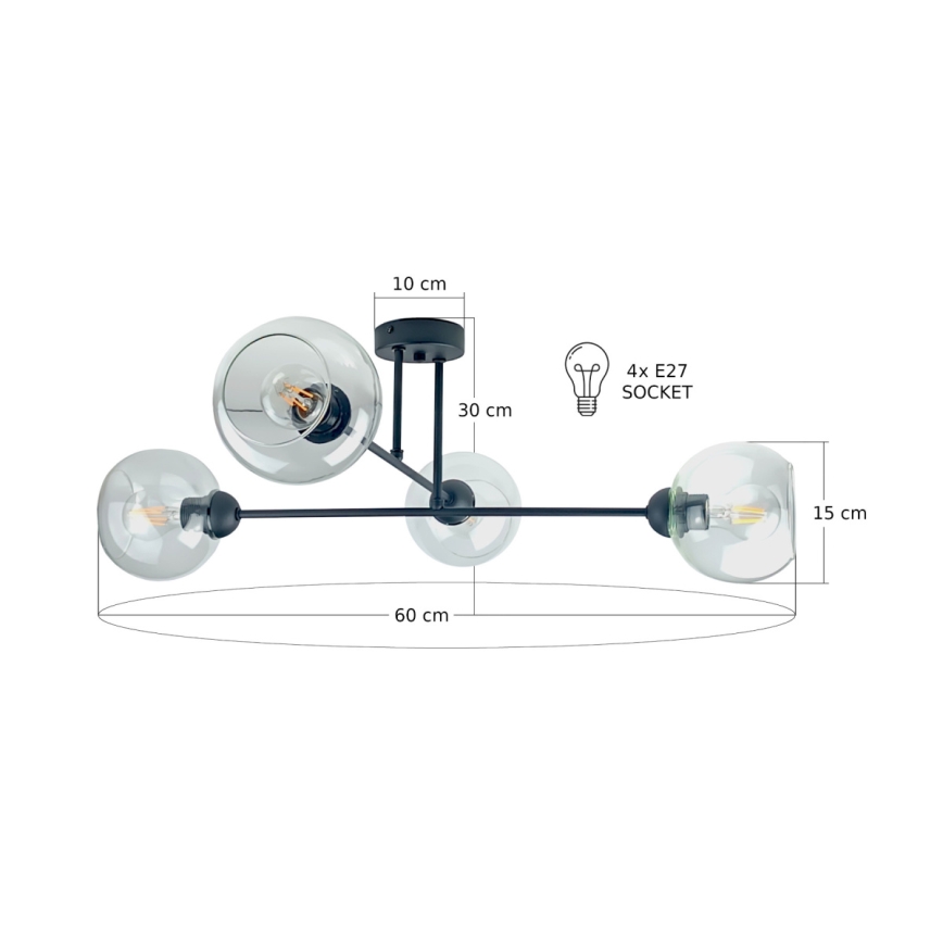 Lustr na tyči VASCO 4xE27/60W/230V černá/čirá