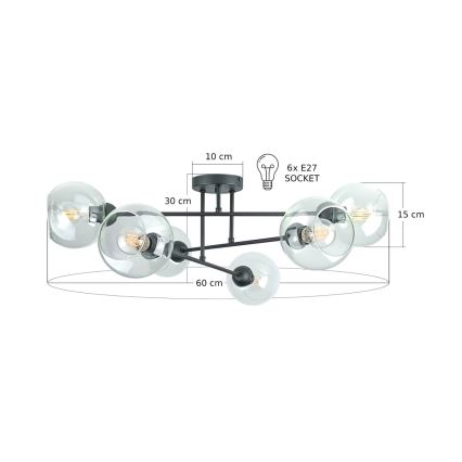 Lustr na tyči VASCO 6xE27/60W/230V černá/čirá