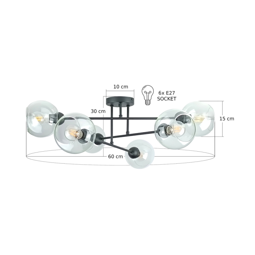 Lustr na tyči VASCO 6xE27/60W/230V černá/čirá