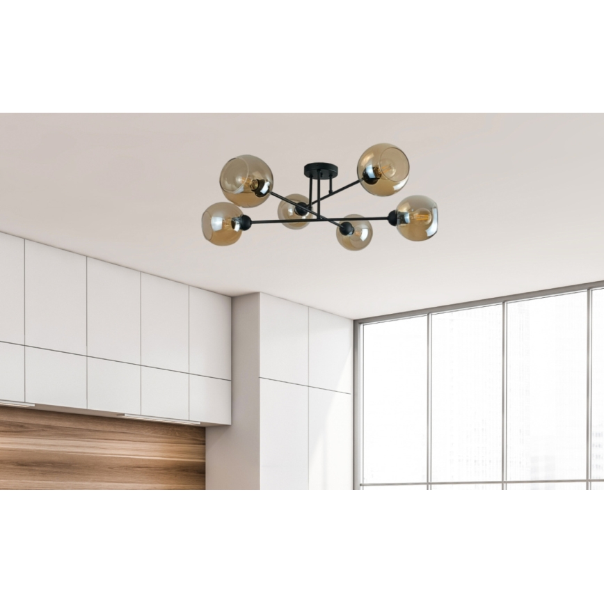 Lustr na tyči VASCO 6xE27/60W/230V černá/kouřová béžová