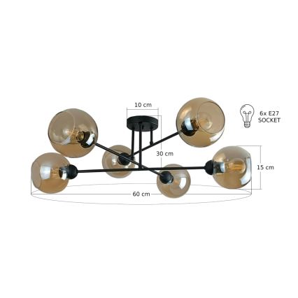 Lustr na tyči VASCO 6xE27/60W/230V černá/kouřová béžová