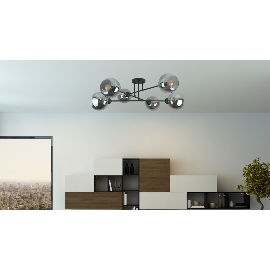 Lustr na tyči VASCO 6xE27/60W/230V černá/kouřová černá