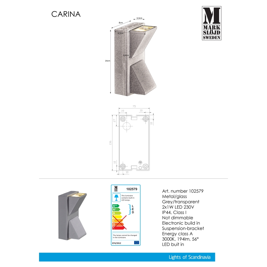 Markslöjd 102579 - LED Venkovní nástěnné svítidlo CARINA 2xLED/1W/230V IP44