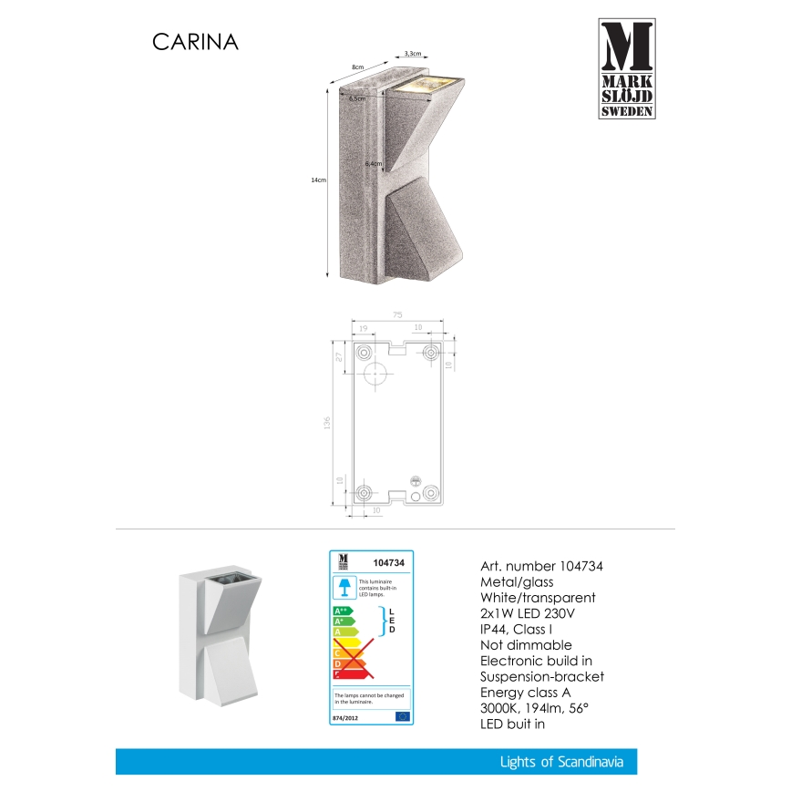 Markslöjd 104734 - LED Venkovní nástěnné svítidlo CARINA 2xLED/1W/230V IP44