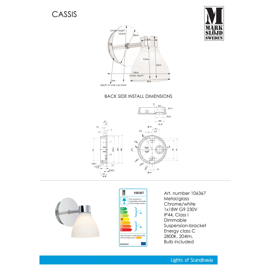 Markslöjd 106367 - Koupelnové nástěnné svítidlo CASSIS 1xG9/18W/230V IP44
