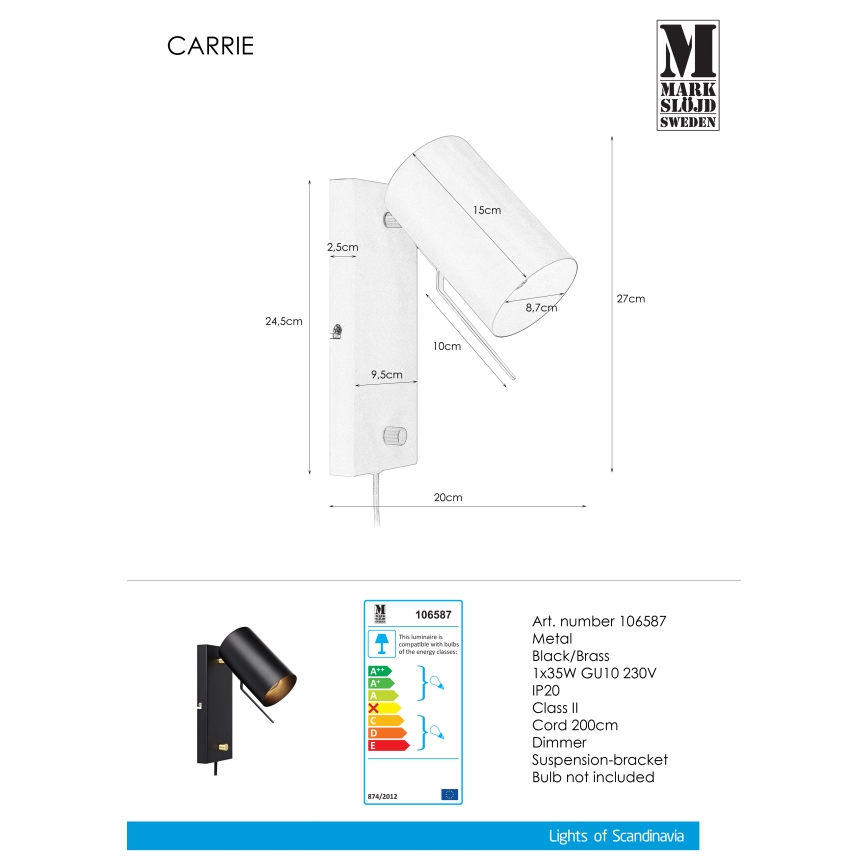 Markslöjd 106587 - Stmívatelné nástěnné svítidlo CARRIE 1xGU10/35W/230V černá
