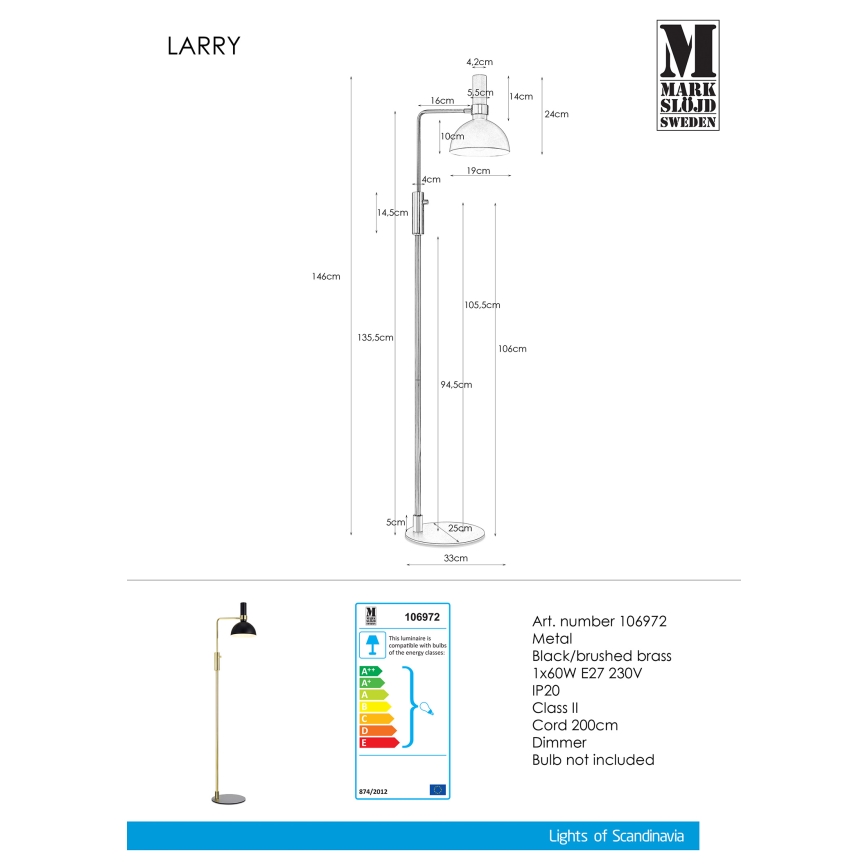 Markslöjd 106972 - Stmívatelná stojací lampa LARRY 1xE27/60W/230V černá/zlatá