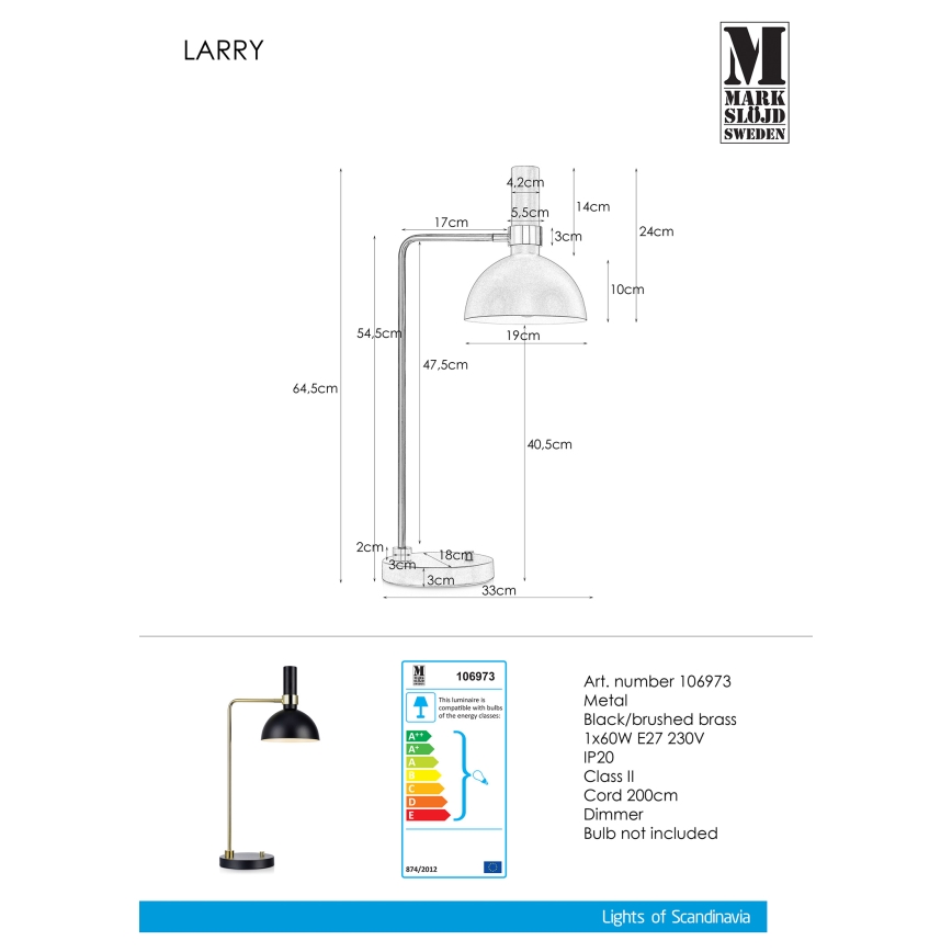 Markslöjd 106973 - Stmívatelná stolní lampa LARRY 1xE27/60W/230V