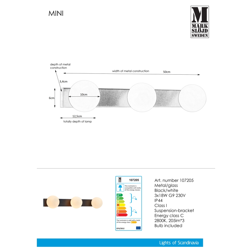 Markslöjd 107205 - Stmívatelné koupelnové nástěnné svítidlo MINI 3xG9/18W/230V černá IP44