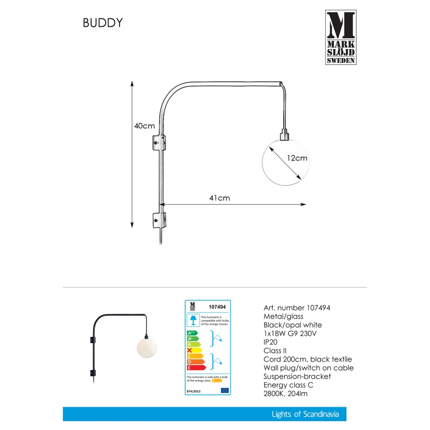 Markslöjd 107494 - Nástěnné svítidlo BUDDY 1xG9/18W/230V
