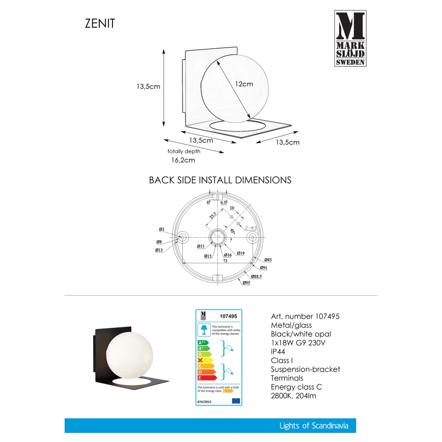 Markslöjd 107495 - Koupelnové nástěnné svítidlo ZENIT 1xG9/18W/230V IP44