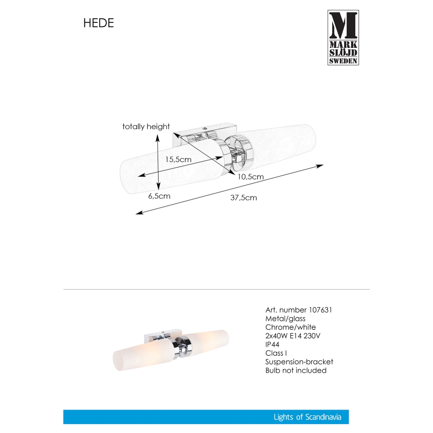 Markslöjd 107631 - Koupelnové nástěnné svítidlo HEDE 2xE14/40W/230V IP44