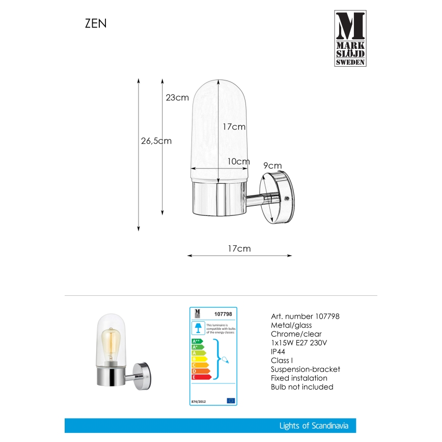 Markslöjd 107798 - Koupelnové nástěnné svítidlo ZEN 1xE27/15W/230V IP44