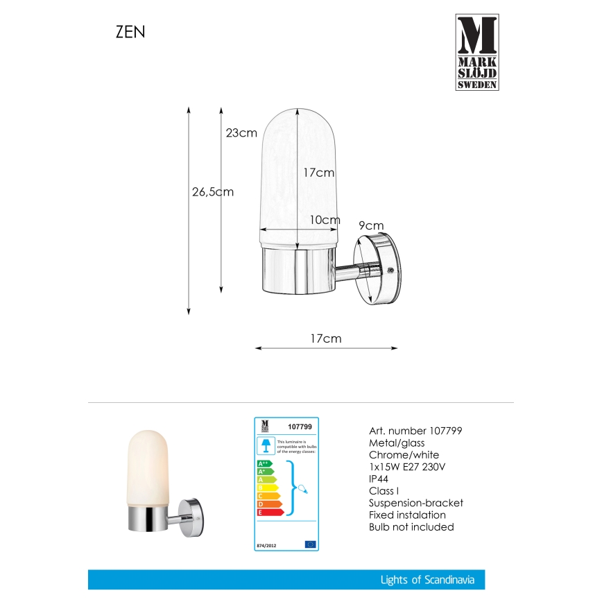 Markslöjd 107799 - Koupelnové nástěnné svítidlo ZEN 1xE27/15W/230V IP44