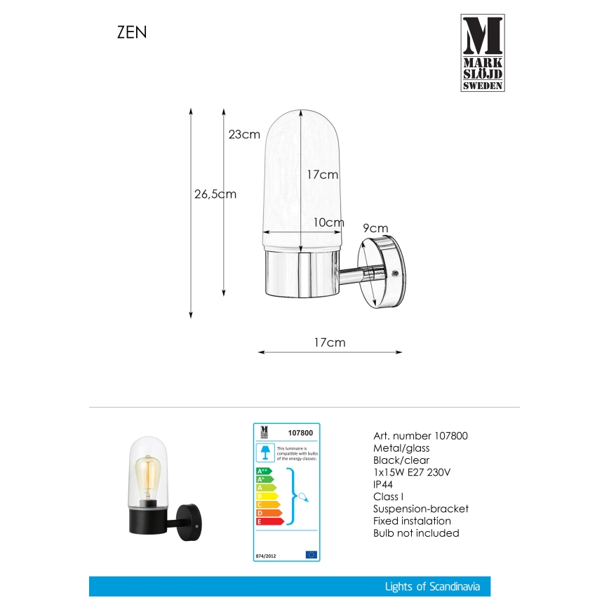 Markslöjd 107800 - Koupelnové nástěnné svítidlo ZEN 1xE27/15W/230V IP44
