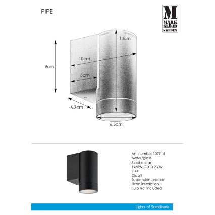 Markslöjd 107914 - Venkovní nástěnné svítidlo PIPE 1xGU10/35W/230V IP44