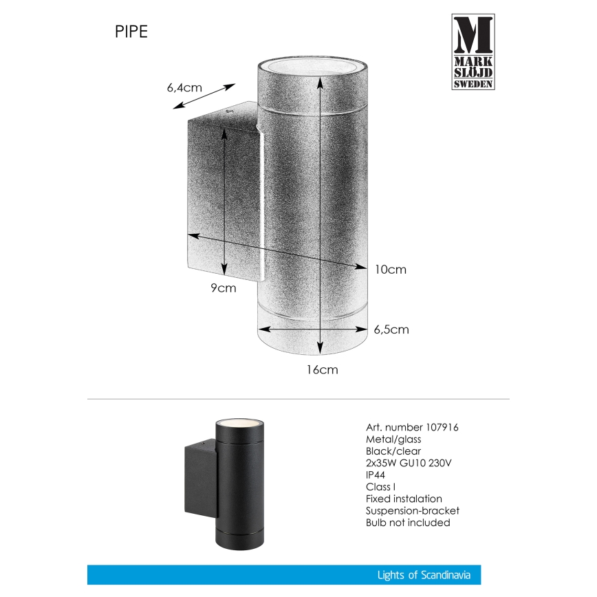 Markslöjd 107916 - Venkovní nástěnné svítidlo PIPE 2xGU10/35W/230V IP44
